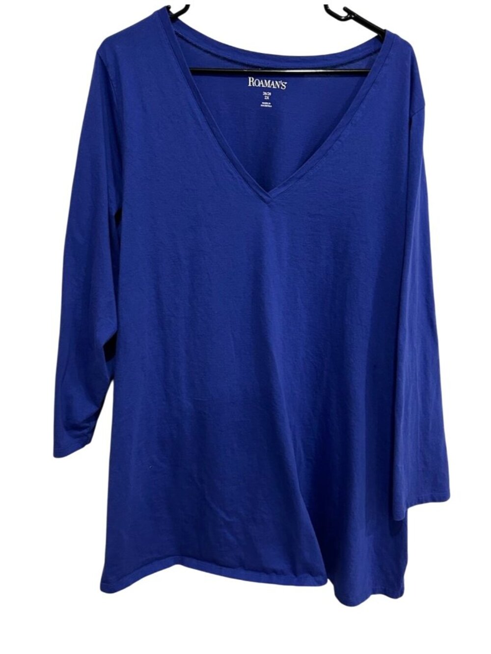 Roamans VN eck 3/4 Sleeve Tunic Top Sz 2X Blue Cotton